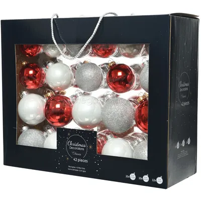 Набор новогодних шаров бело-красные 149302 купить в Минске - Доступная цена