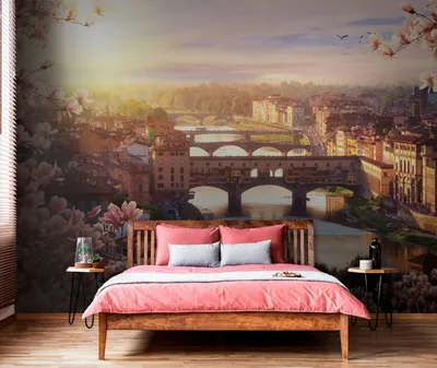 Фотообои Город Флоренсия в Италии с большими розовыми цветами магнолии  Nru95052 купить на заказ в интернет-магазине