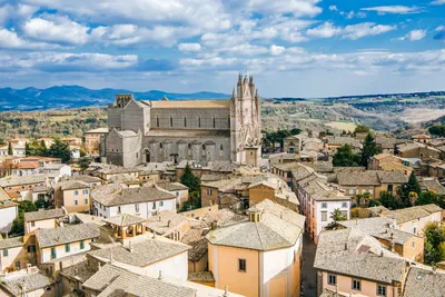 Panoramic aerial view of Orvieto, a city perched on a rock cliff in Orvieto,  Umbria, Italy stock photo