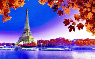 Обои на рабочий стол Великолепная панорама Парижа Эйфелева башня на берегу  Сены у причала прогулочные кораблики, обои для рабочего стола, скачать  обои, обои бесплатно