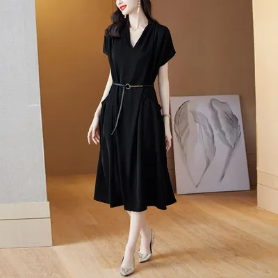 Купить Летнее свободное нежное черное платье во французском стиле с  v-образным вырезом и поясом Vestido Feminino винтажные платья | Joom