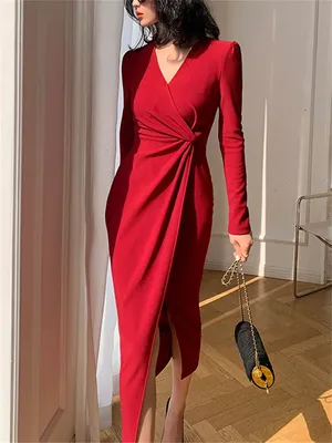 Женское платье с V-образным вырезом, красное однотонное платье в французском  стиле, осень 2023 | AliExpress