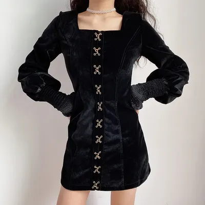 Сексуальное черное вечернее вечерние с квадратным вырезом, женские мини- платья во французском стиле с длинным рукавом, женские винтажные облегающие  бархатные платья для женщин | AliExpress