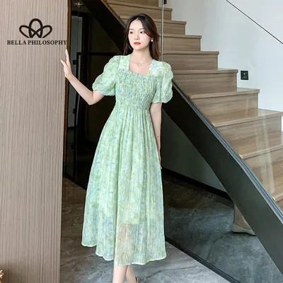 Платье во французском стиле, сладкое платье для перерыва на чай, летнее  зеленое платье с высокой талией, нежное платье, женское повседневное ...