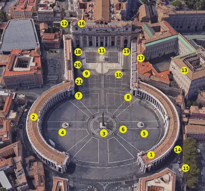 Описание достопримечательностей и важных мест на схеме площади Собора Св.  Петра в Ватикане