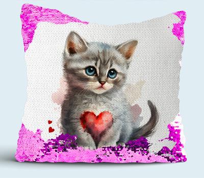 Котик с сердечком подушка с пайетками (цвет: белый + сиреневый) | Все  футболки интернет магазин футболок. Дизайнерские футболки, футболки The  Mountain, Yakuza, Liquid Blue
