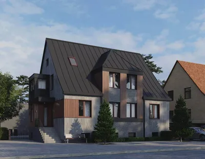 Проект двухэтажного дома из газобетона с мансардой № 51-10 в немецком стиле  | каталог Проекты коттеджей