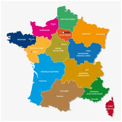 Регионы Франции Карта региональных административных округов страны M  Иллюстрация вектора - иллюстрации насчитывающей покрашено, ярлык: 146243189