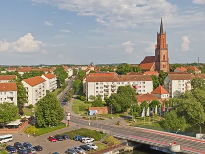 Rathenow, Germany, panoramic view over the city with the tower of the  church St. Marien-Andreas Stock Photo - Alamy