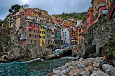 Italy, Cinque Terre, view to Riomaggiore at dawn stock photo