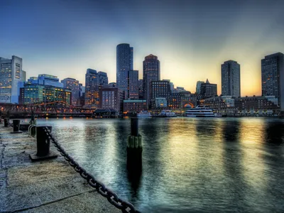 Boston Skyline Financial District Boston Harbor Dusk Сша стоковое фото  ©revoc9 443194878