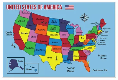 United States Map - USA Poster, US Educational Map - With State Capital -  for Ages Kids to Adults-