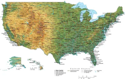 USA detailed topographic map illustration. Map contains topographic  contours, country and land names, cities, water objects, flag, roads. -  railways Stock Vector | Adobe Stock