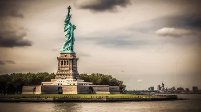 статуя свободы расположена на берегу озера, нью йоркская статуя свободы,  облако, вода фон картинки и Фото для бесплатной загрузки