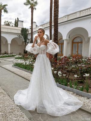 свадебное платье а-силуэта с рукавами артикул 202829 цвет белый👗 напрокат  5 000 ₽ ⭐ купить 30 000 ₽ в Москве