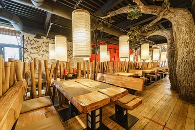 MOSCOW - SEPTEMBER 2014:: Interior Of The Japanese Sushi Restaurant Chain \" TANUKI\". Wooden Tables And Benches Stock Photo, Picture and Royalty Free  Image. Image 139049042.