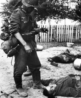 Немецкие солдаты у тел убитых красноармейцев — военное фото
