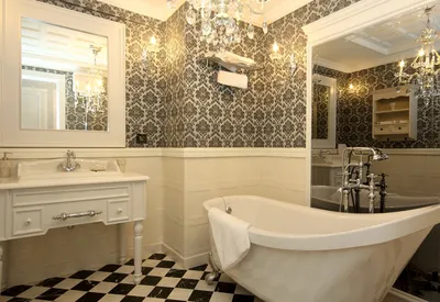 Дизайн интерьера ванной в стиле арт-деко: красивые мебель, плитка, тумбы
