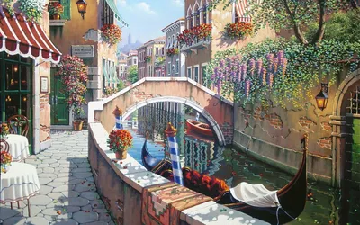 Фон рабочего стола где видно живопись, картина, Венеция, художник, лодка,  улица, река