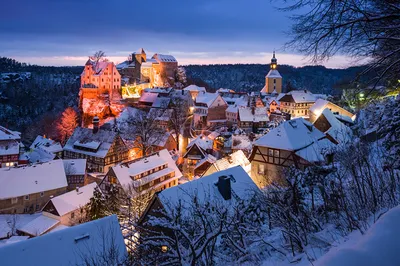 Картинки Церковь Германия Hohnstein Зима Замки снегу Вечер город