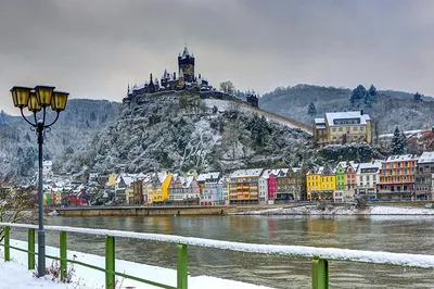 Картинка Кохем Германия HDRI Зима замок снегу Реки Уличные фонари